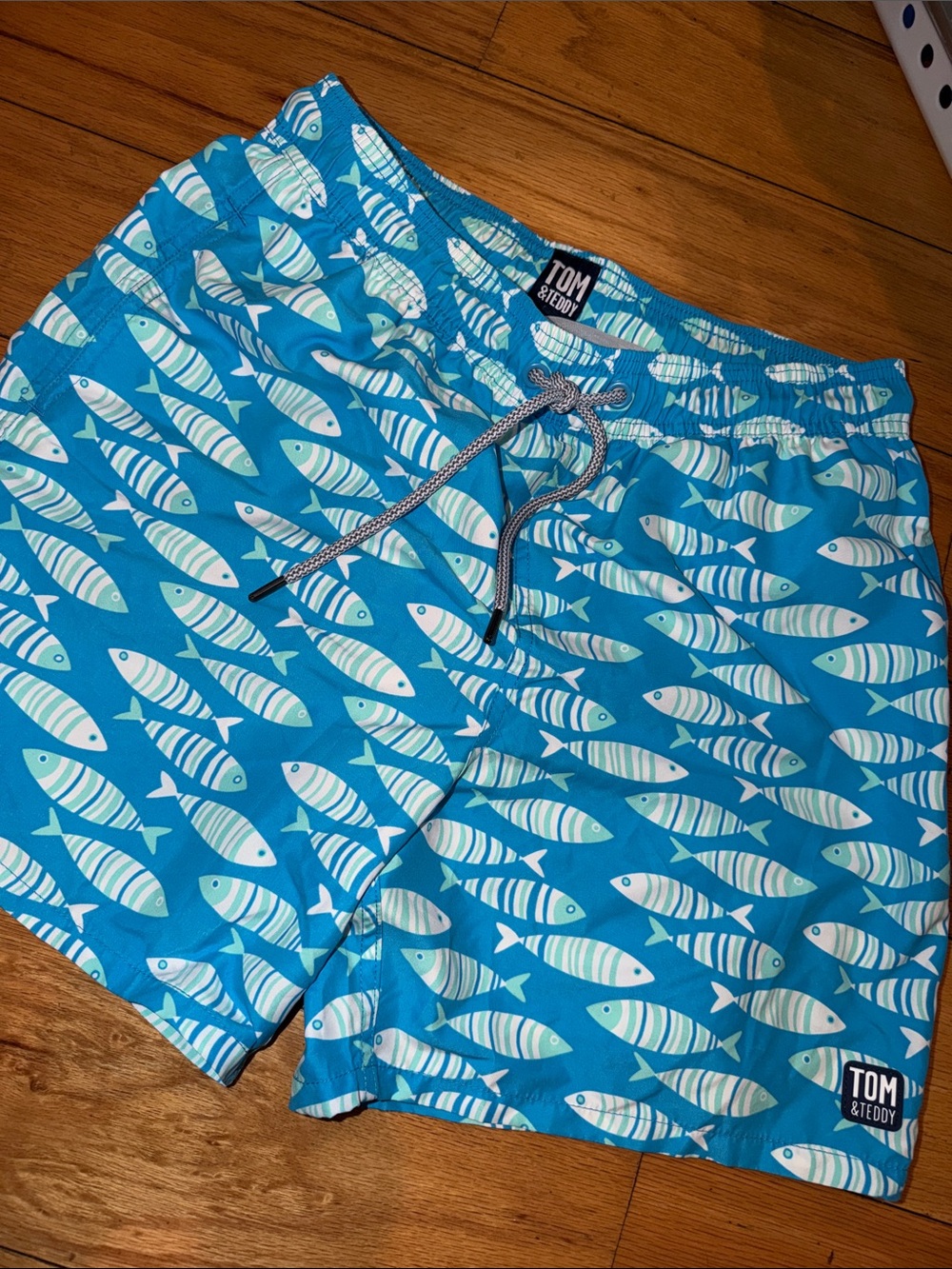 Tom & Teddy Turquoise & White Fish-Pattern Swim Shorts
